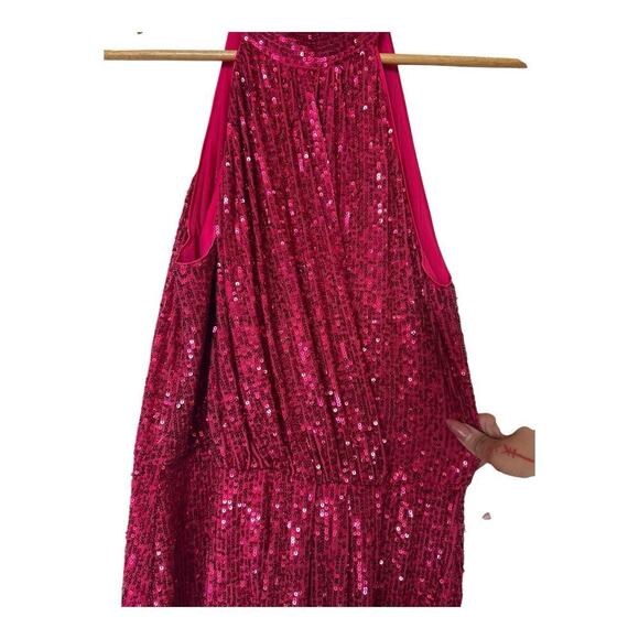 Saylor Shana Cocktail Sequin Dress Pink Halter Sheath Midi Hi Lo Medium M - Picture 4 of 13